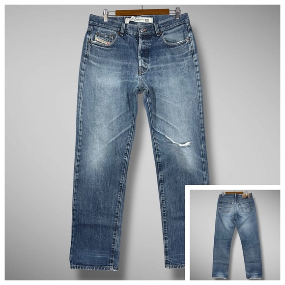 Diesel Kratt Men's Jeans 34x32 Distressed Knee Straight Leg Medium‎ Wash Denim - Picture 1 of 15
